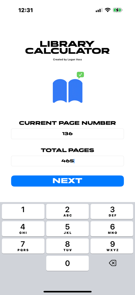 Library Calculator - Interface of the Library Calculator app for entering current and total page numbers