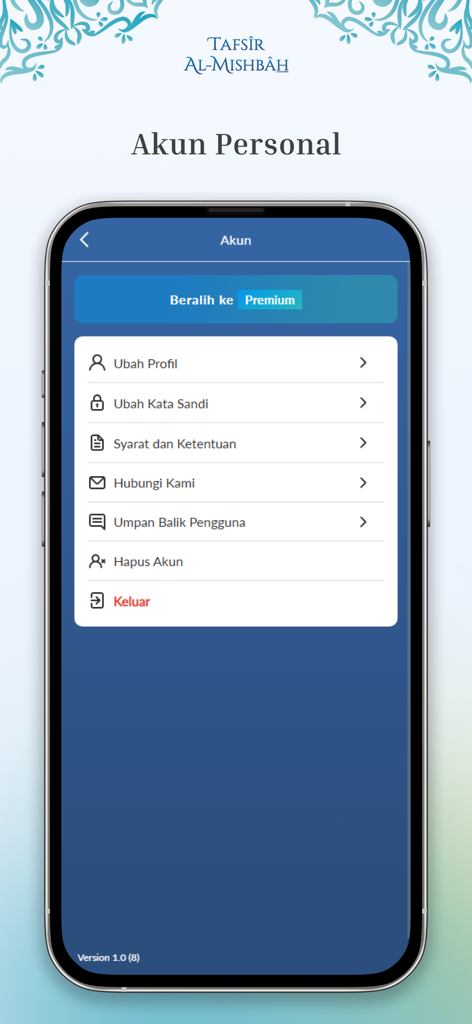 Tafsir Al-Misbah - User account settings screen in the Tafsir Al-Misbah app showing profile and account management options