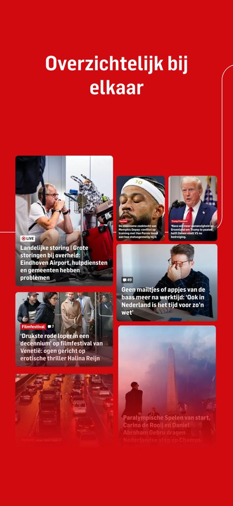 De Gelderlander 뉴스 앱 화면은 스포츠 및 정치와 같은 다양한 뉴스 카테고리의 명확한 개요를 보여줍니다.