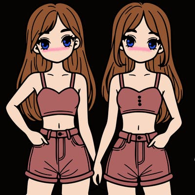 two sisters with crop tops and jean shorts and straight hair