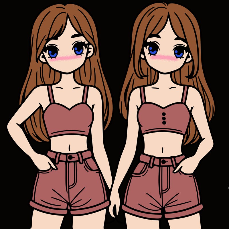 two sisters with crop tops and jean shorts and straight hair