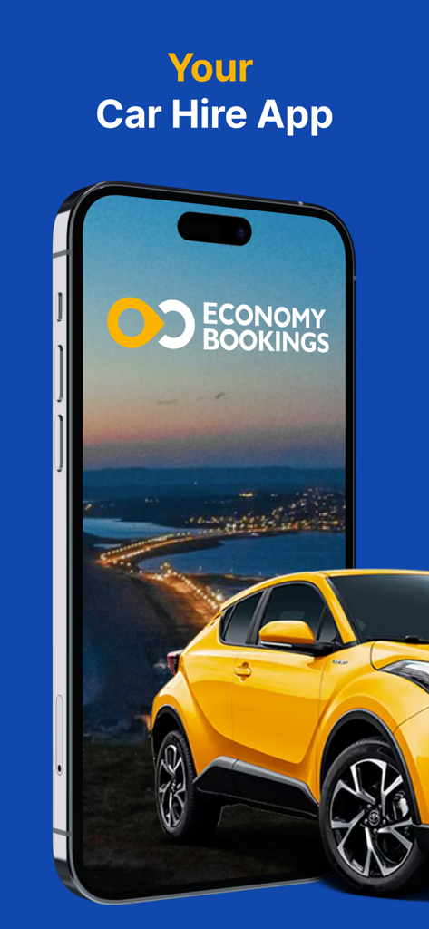 Interfaz de la aplicación de alquiler de coches EconomyBookings en iPhone con un coche amarillo y paisaje de viaje