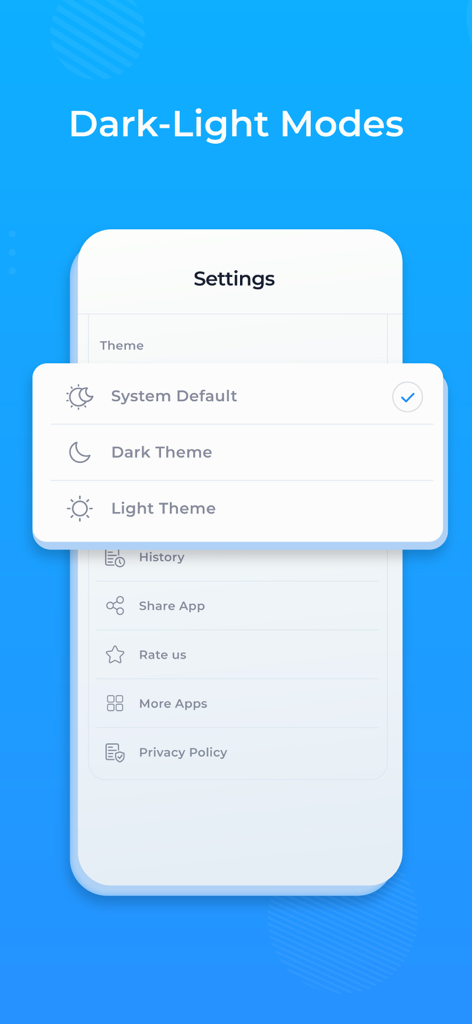 Send files to Android TV - Screenshot of the Send files to Android TV app settings menu showing options for system default dark and light themes