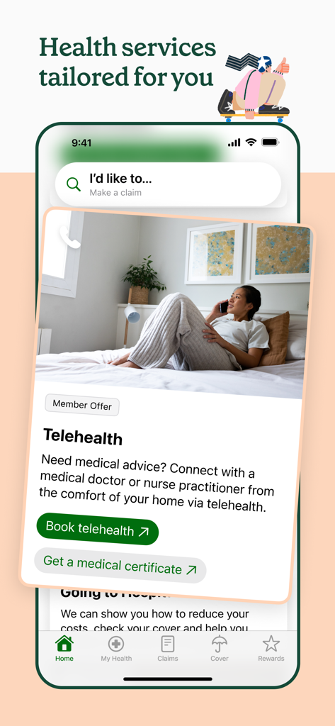 A smartphone showing the nib app interface with telehealth services for booking medical appointments and getting certificates