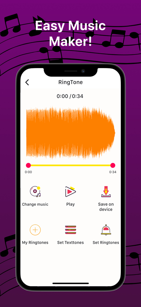 Pantalla de la aplicación Ringtone Maker mostrando una forma de onda de audio visual para editar tonos de llamada y tonos de texto personalizados