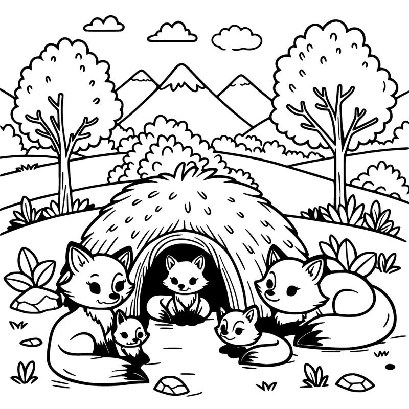 a den with foxes and baby foxes
