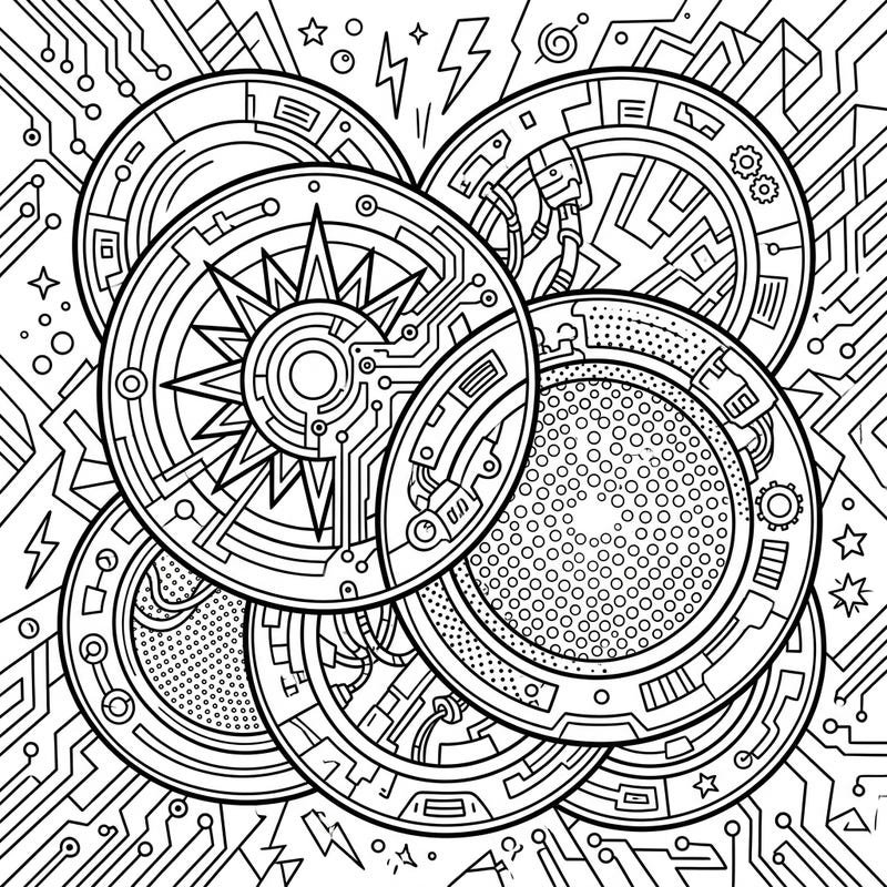 Unleash your inner artist with this striking coloring page featuring plates reimagined in a vibrant Pop Art and futuristic Cyberpunk style. Explore intricate circuit patterns and bold designs that promise a truly engaging coloring experience for all ages.