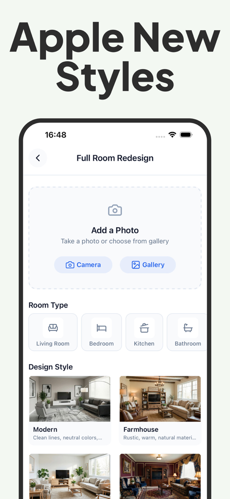 AI Home Design - Decorify - AI Home Design Decorify mobile app screen showing room type selection and various interior design styles like Modern and Farmhouse