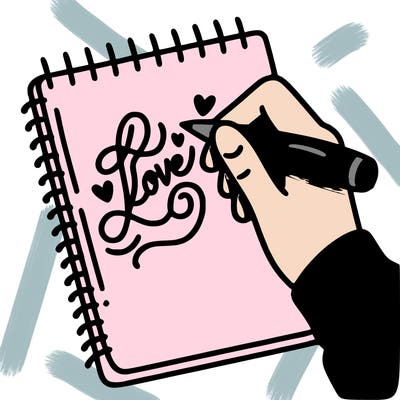 a hand writing “love” in calligraphy on a notebook