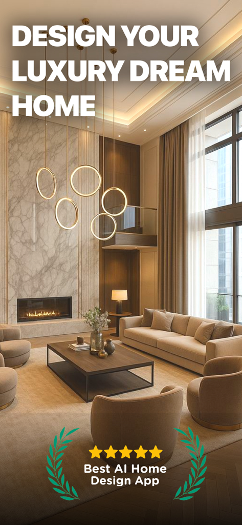 AI Home Design - Deco AI - A luxury modern living room interior with a marble fireplace and designer lighting designed by Deco AI