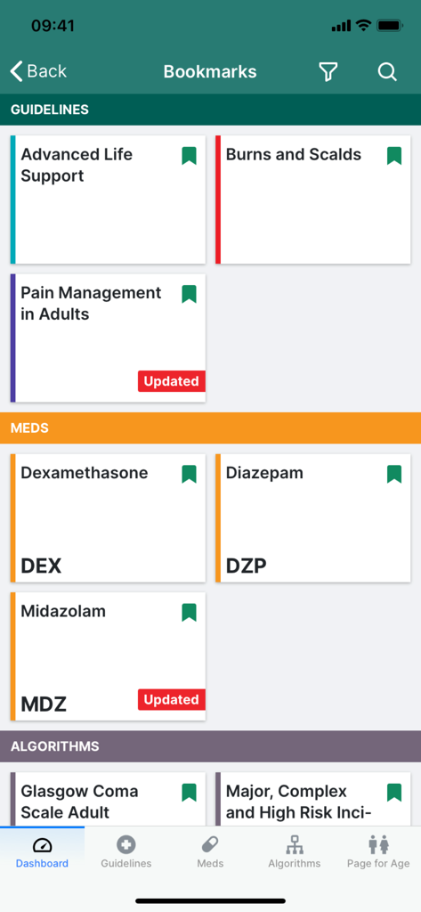 iCPG JRCALC Guidelines app bookmarks screen displaying medical protocols and medication dosages