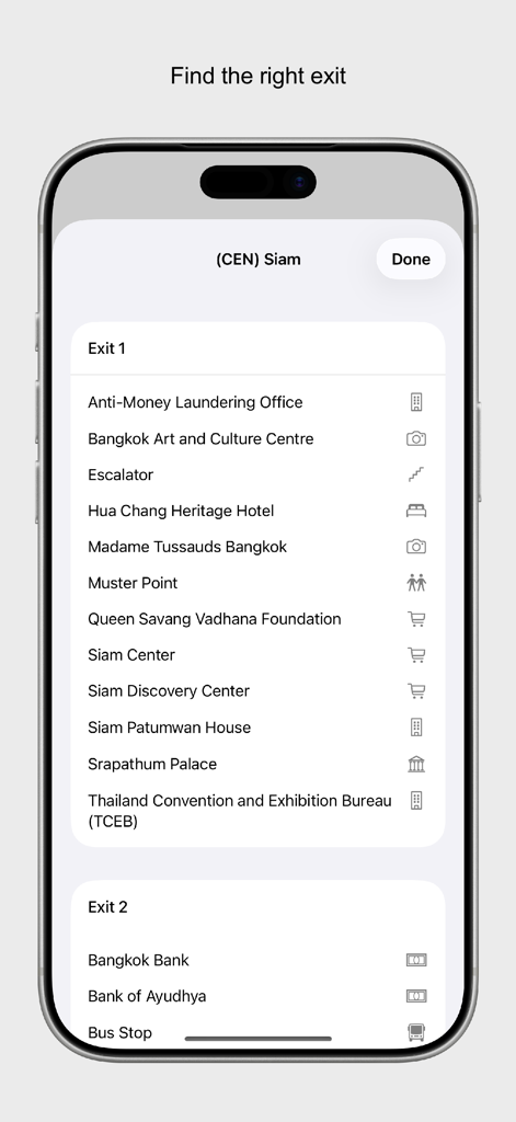 Bangkok City Metro app interface showing a list of landmarks and nearby exits for Siam station
