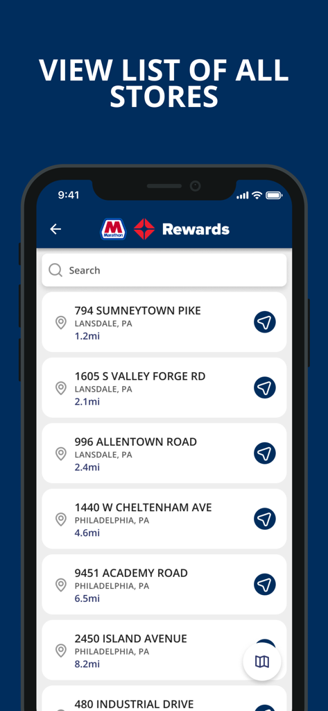 Marathon ARCO Rewards - A mobile app screen showing a list of Marathon and ARCO gas station locations with distances and navigation options.