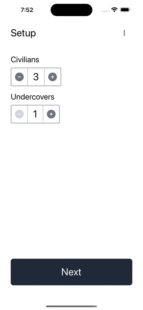 Setup screen for Mr White Game showing civilian and undercover player count selection