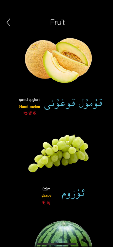 Learn Uyghur Handwriting ! - Interface of Learn Uyghur Handwriting app showing fruit vocabulary with Arabic and Latin scripts