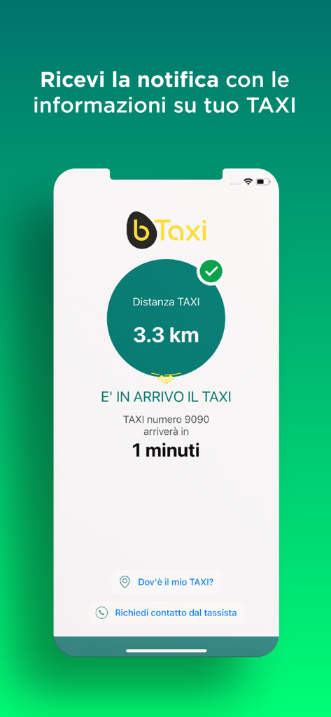 BTaxi - Interfaccia dell'app BTaxi che mostra i dettagli di arrivo del taxi, inclusa la distanza e l'orario stimato