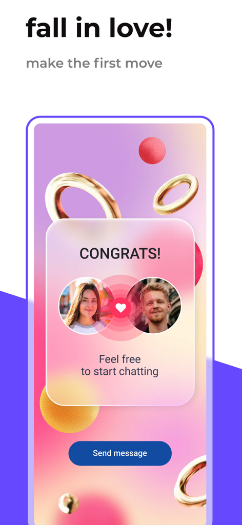 Love.ru - Dating, Chat, Meets - Eine Benachrichtigung über eine erfolgreiche Übereinstimmung in der Love.ru Dating-App mit Benutzerprofilen und einer Chat-Schaltfläche.