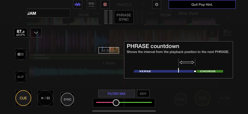 WeDJ for iPhone interface showing the phrase countdown feature for professional transitions