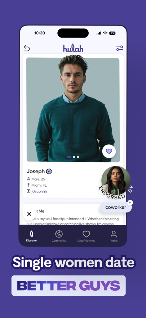 Hulah — Dating app - Hulah dating app screen showing a male profile with a social endorsement badge from a coworker