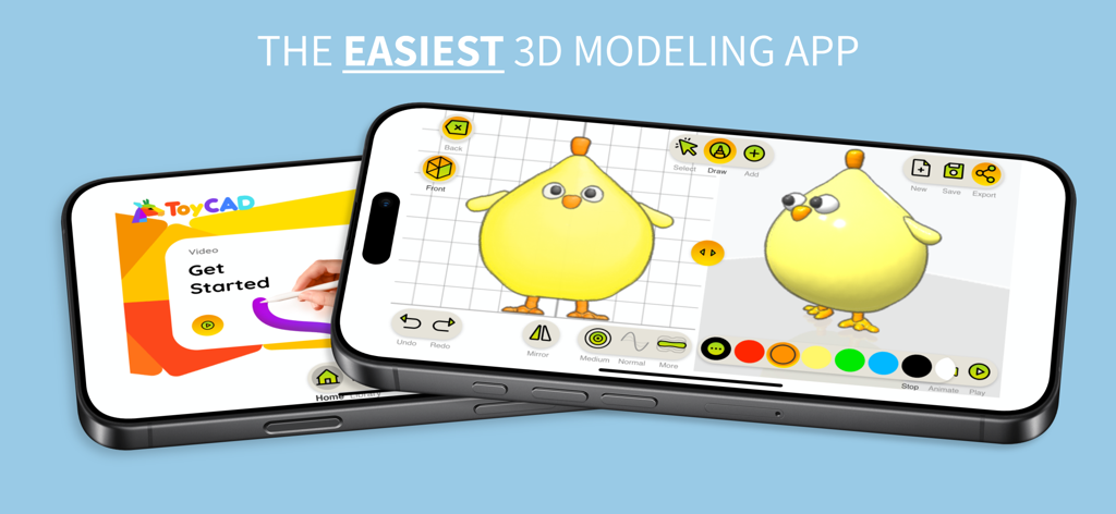 ToyCAD: Easiest 3D Drawing App - 3D 노란 병아리 모델과 시작하기 튜토리얼 화면이 있는 ToyCAD 앱 인터페이스를 표시하는 두 개의 스마트폰