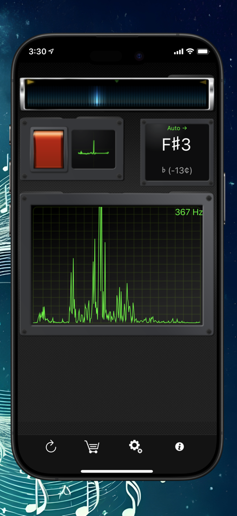 Metronome ∞ - Metronome Infinity app digital tuner interface showing a frequency spectrum graph and pitch detection for F sharp