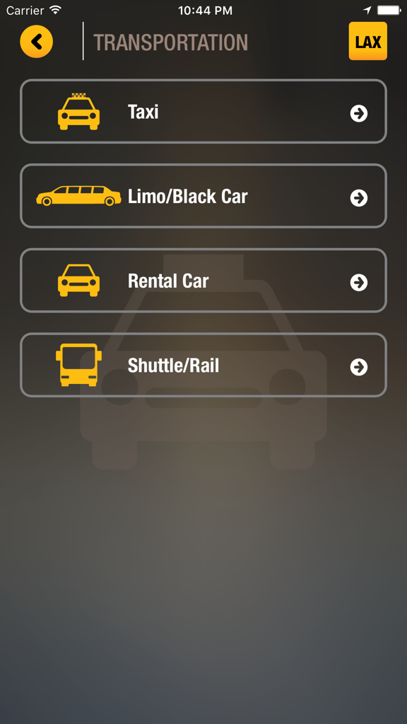 Écran de l'application Terminal Buddy montrant les options de transport pour l'aéroport LAX, y compris taxi, limousine, voiture de location et navette ferroviaire