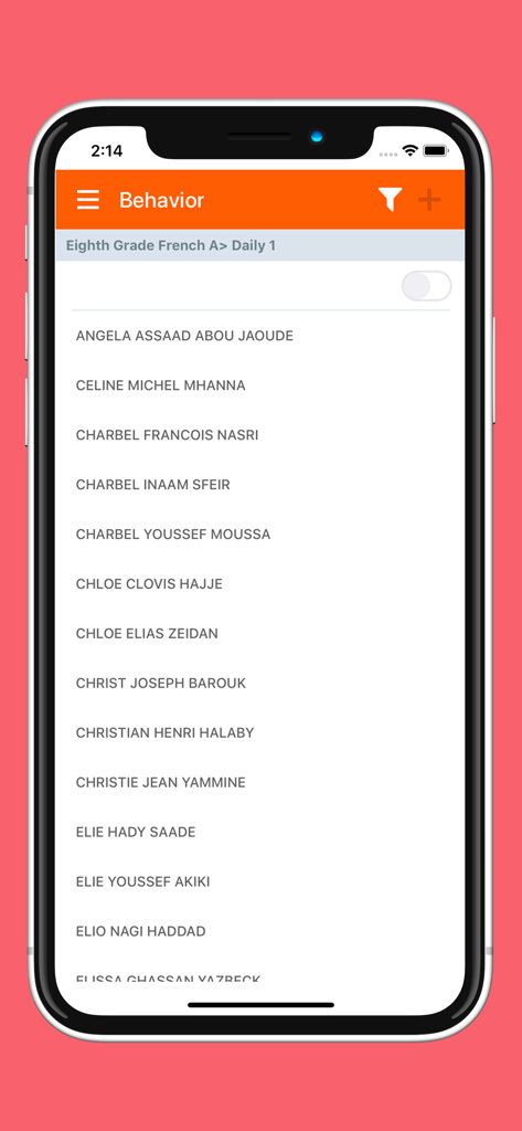 eSchool Gradebook - A list of students in the behavior tracking section of the eSchool Gradebook app.