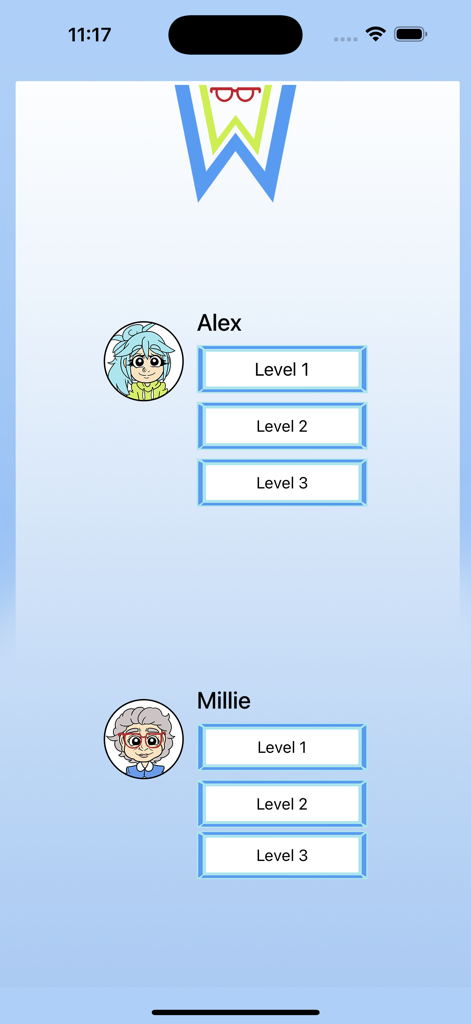 Word Wise - Level selection screen for Word Wise showing character paths for Alex and Millie across three levels each