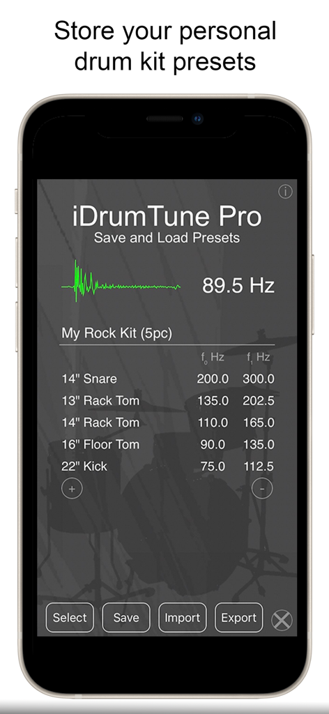 Drum Tuner - iDrumTune Pro - iDrumTune Pro app screen showing a list of saved drum kit frequency presets