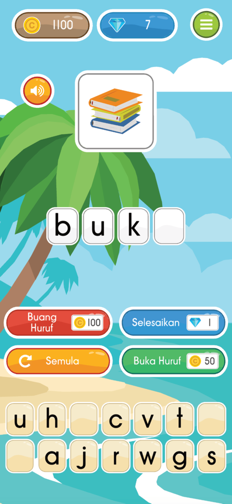 Belajar Mengeja ABC - 「Belajar Mengeja ABC」アプリのインターフェース。本が積み重なったイラスト付きのマレー語単語スペルゲームが表示されている。