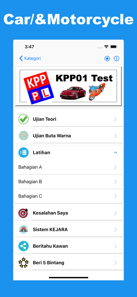 Main menu of the KPP Test 2026 app featuring options for the Malaysian driving theory test including practice sections and color blindness test