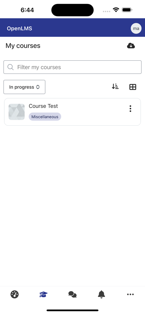 Open-LMS - Open LMSモバイルアプリのインターフェース。フィルター検索バーと、コーステストを含む登録済みコースのリストが表示されている「マイコース」画面