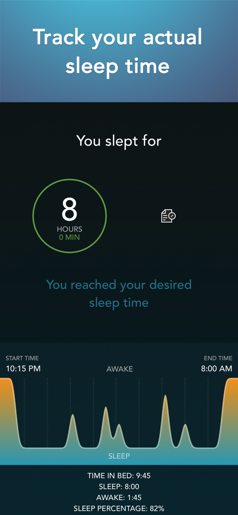 Sleep Science HQ: alarm clock - Pantalla de seguimiento del sueño que muestra 8 horas de descanso con un gráfico visual de los ciclos de sueño.