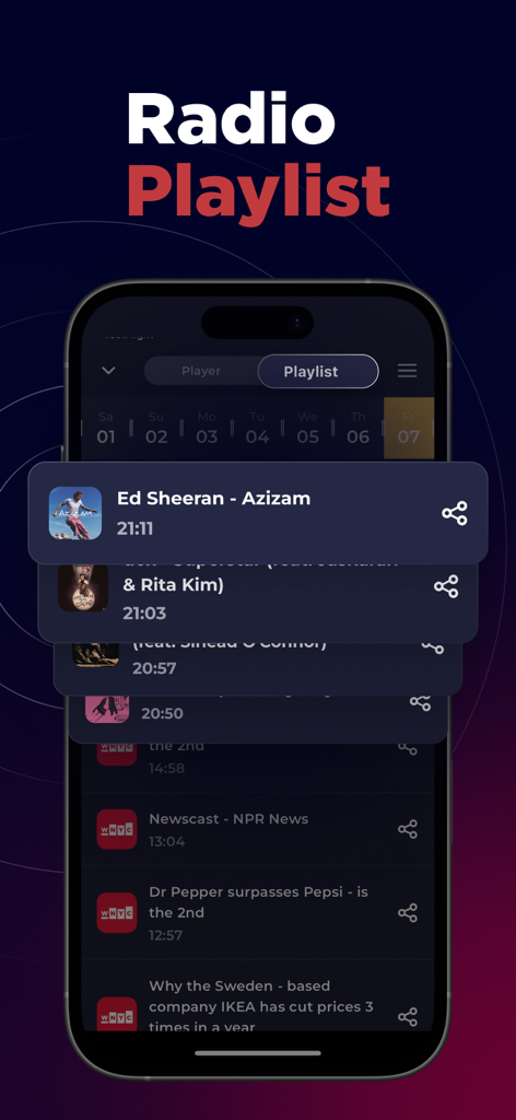Radio USA Live Online FM & AM - Uno schermo di un'app mobile che mostra una playlist radiofonica cronologica con brani e aggiornamenti di notizie riprodotti di recente.