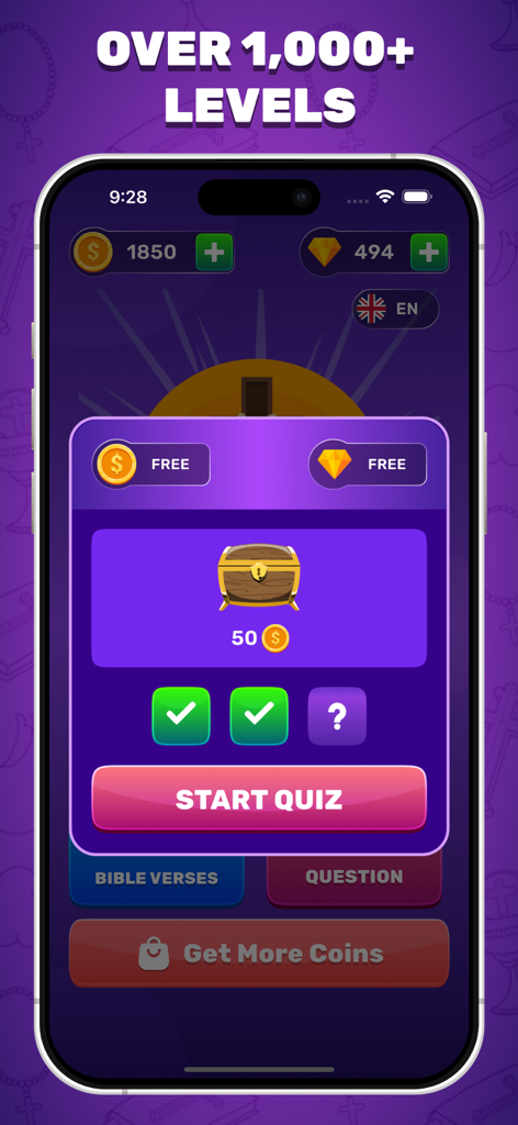 Bible trivia game home screen with start quiz button and reward chest