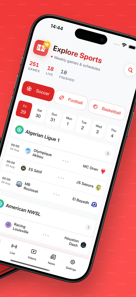 Hola Sports – Live Football - Interface of Hola Sports app displaying weekly match schedules for international soccer leagues including Algerian Ligue 1 and American NWSL.