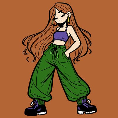 girl in baggy pants crop top and long hair