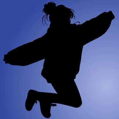 realistic girl jumping with a bun and oversized sweatshirt