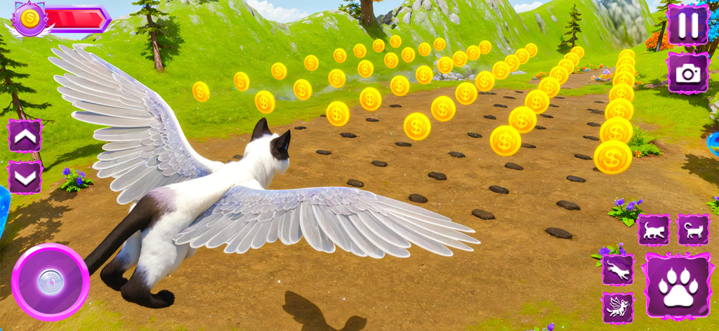 Kitty Fly Cat Adventure - A white winged cat flying over a dirt path to collect gold coins in a 3D simulation game.