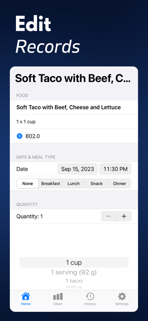 Edit record screen in the Sodium Tracker plus app showing sodium content for a soft taco