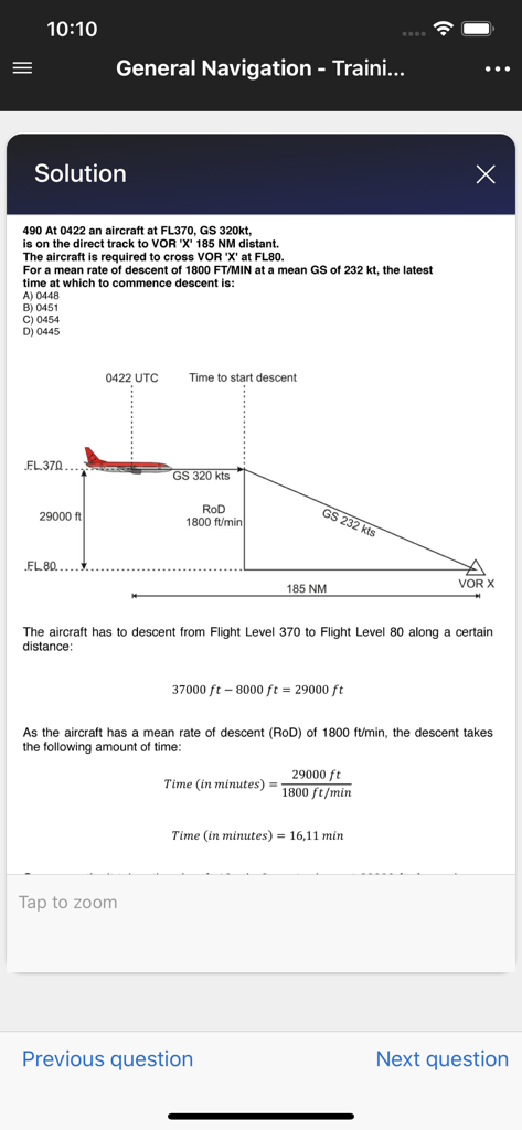 Fasttrack ATPL - Pilot Exams - General navigation question solution with descent calculation and aircraft diagram