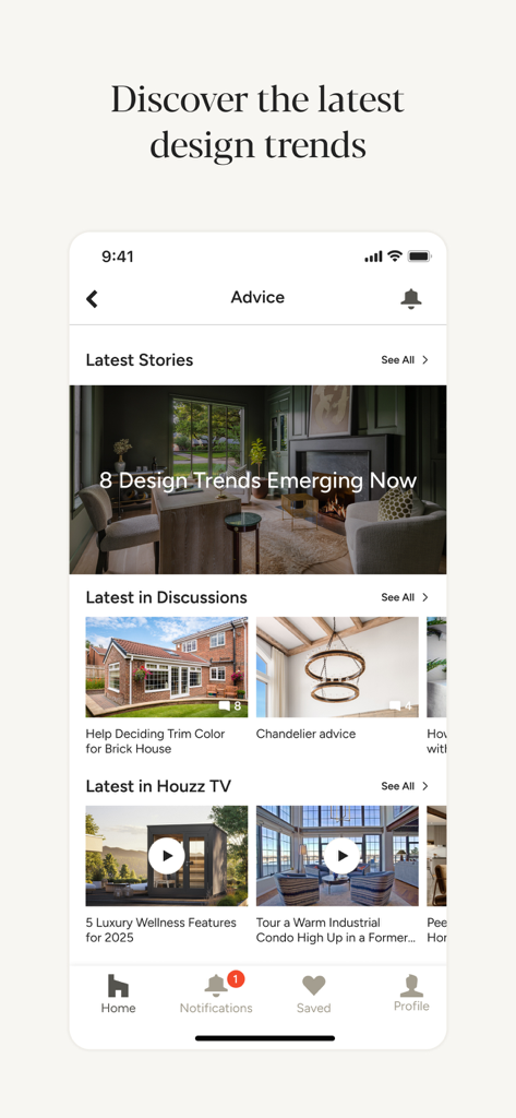 L'interface de l'application Houzz présente les dernières tendances en matière de design d'intérieur et des conseils de rénovation.