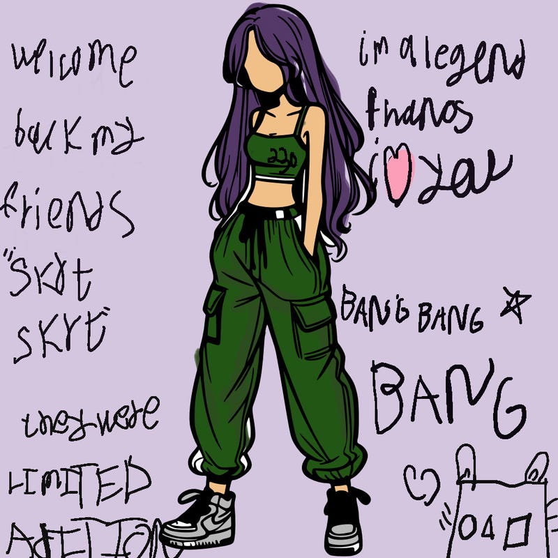 girl in baggy pants crop top and long hair