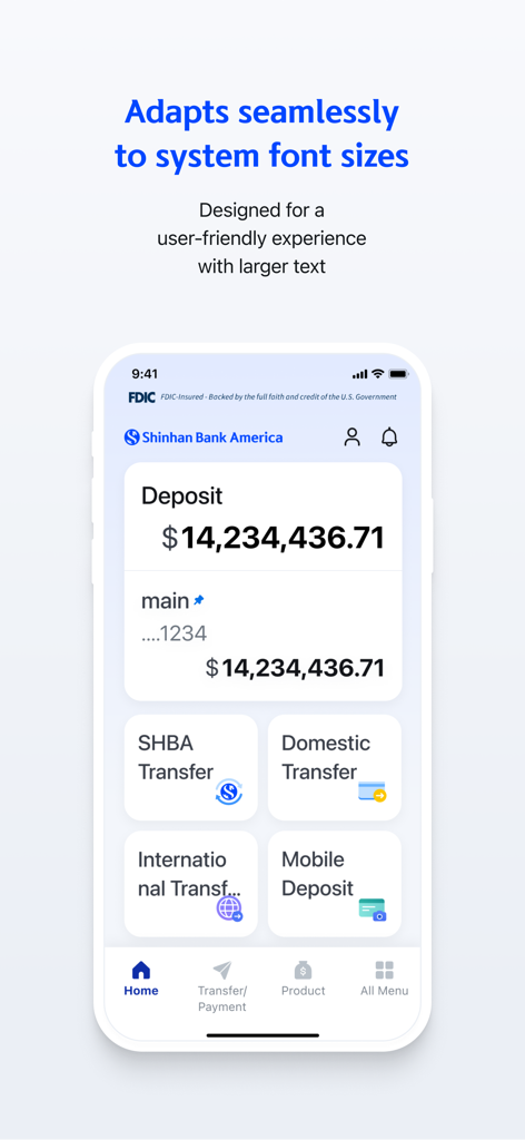 Shinhan Bank America - Shinhan Bank America app dashboard displaying large font sizes for better readability.