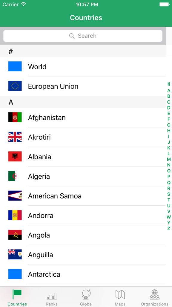Alphabetical list of countries with flags and search bar in the WorldABC app interface