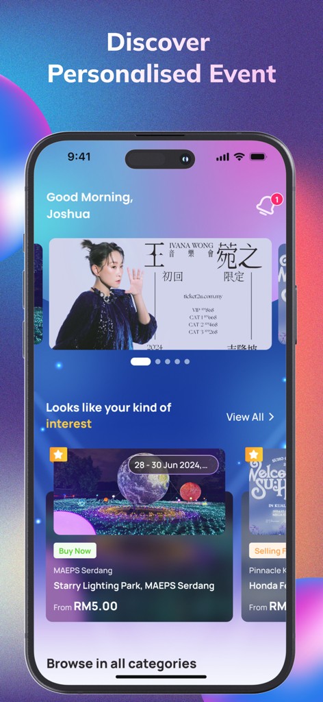 Ticket2U - Ticket2U app home screen displaying personalized event recommendations and local attractions for a user.