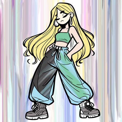 girl in baggy pants crop top and long hair