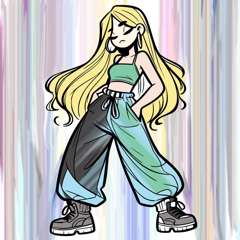 girl in baggy pants crop top and long hair