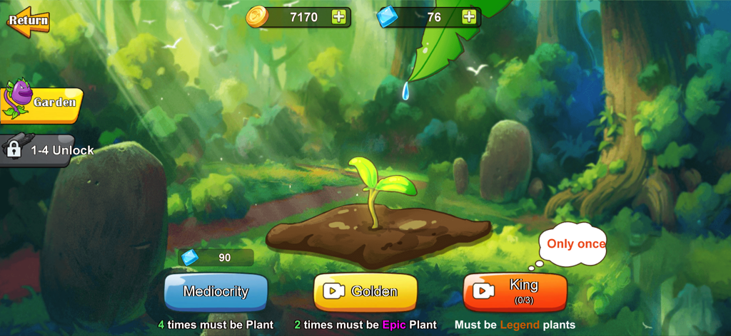 Mutated Plant-Super Skill - Plant evolution and summoning interface featuring rarity tiers and forest background