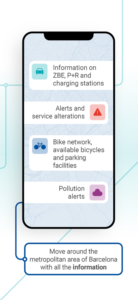 AMB Mobilitat (Picmi) - AMB Mobilitat app interface showing transport alerts bike network and pollution information for Barcelona